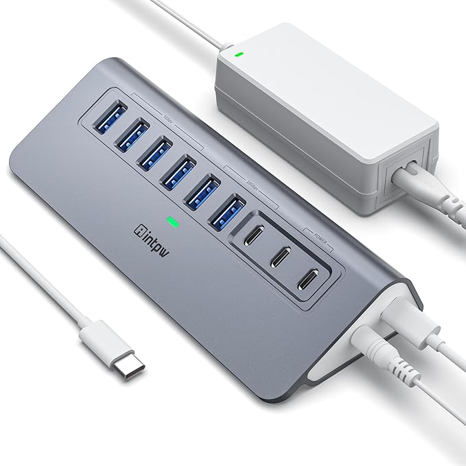 Powered USB Hub 10Gbps, intpw YH6AC 9-Port USB Splitter with USB A/USB C 3.2, 4 USB 3.0, 2 PD 45W Charging Ports, 65W Power Adapter + 3.3FT Cable, Aluminum USB Extender Hub for Laptop, PC,iPhone 17/16