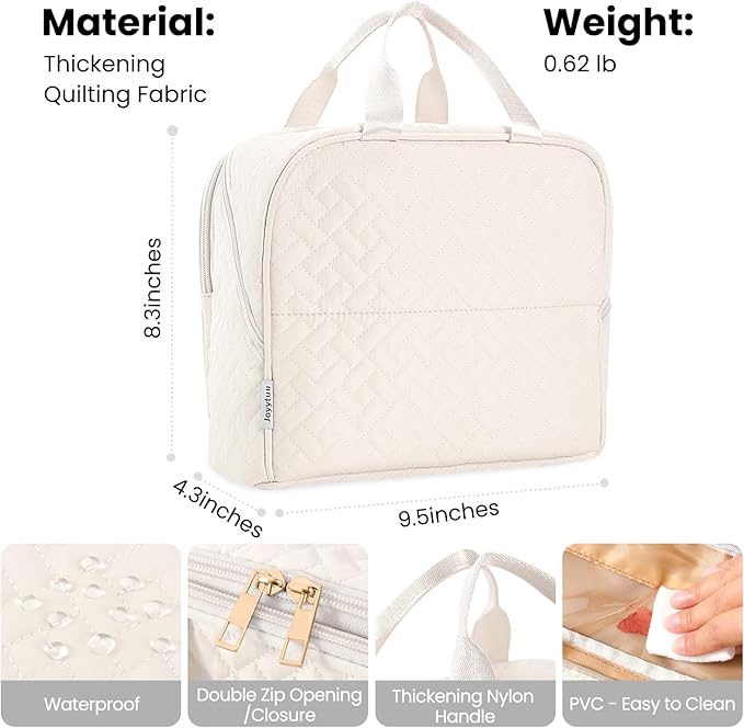 Standing Makeup Bag, Large Capacity with Room for Brushes and Mirror, Travel Makeup Organizer, Portable Stand Up Make Up Case, Waterproof Cosmetic Toiletry Bags with Handle, Color Cream White