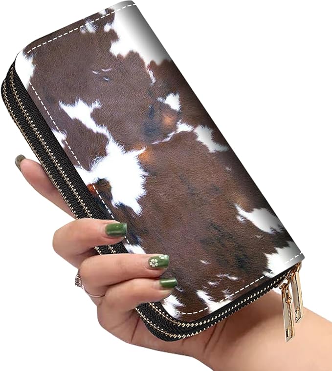 Women's Large Capacity Wallet PU Leather Double Zipper Clutch Purse Multifunctional Wallet with Removable Wristlet Strap for Smart Phone/Coin/Card/Cash, Brown Cow Print