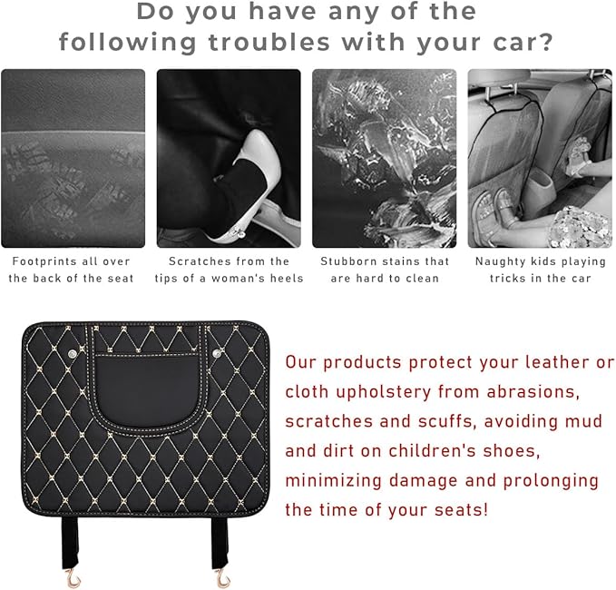 2 PCS Car Kick Mats, Leather Back Seat Protector with Storage Bag, Waterproof Automotive Backseat Cover Pad Prevent Kids Dirt Mud and Scratch, Interior Car Accessories(Black & Beige)