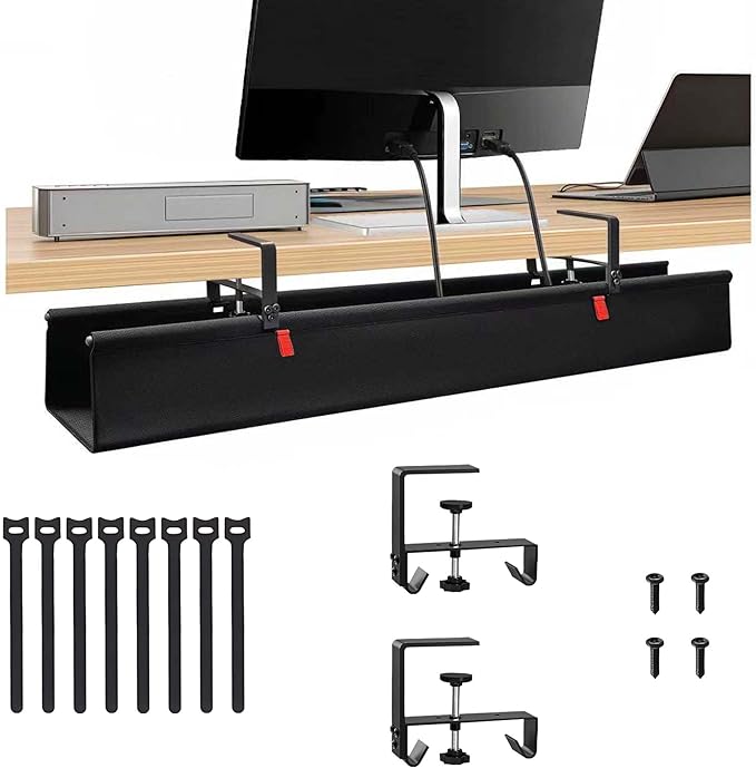 No Drill Cable Management Under Desk, 48" Cord Organizer for Table, Clamp/Screw Mount Cable Tray, Premium Black Fabric Desk Cord Management Tray for Office, Home (Extra Large (48 Inch))