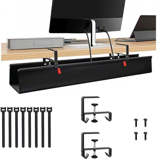 No Drill Cable Management Under Desk, 48" Cord Organizer for Table, Clamp/Screw Mount Cable Tray, Premium Black Fabric Desk Cord Management Tray for Office, Home (Extra Large (48 Inch))