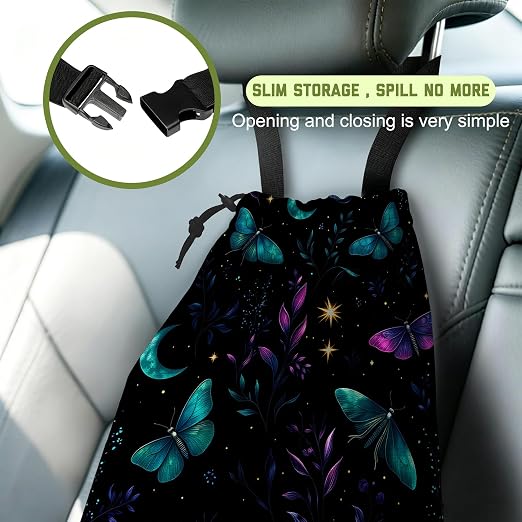 Car Garbage Bag Blue Purple Butterfly and Moon Hanging Canvas Car Trash Bag Waterproof Drawstring Car Back Seat Organizer for Car Back Front Seat Console with Adjustable Buckle