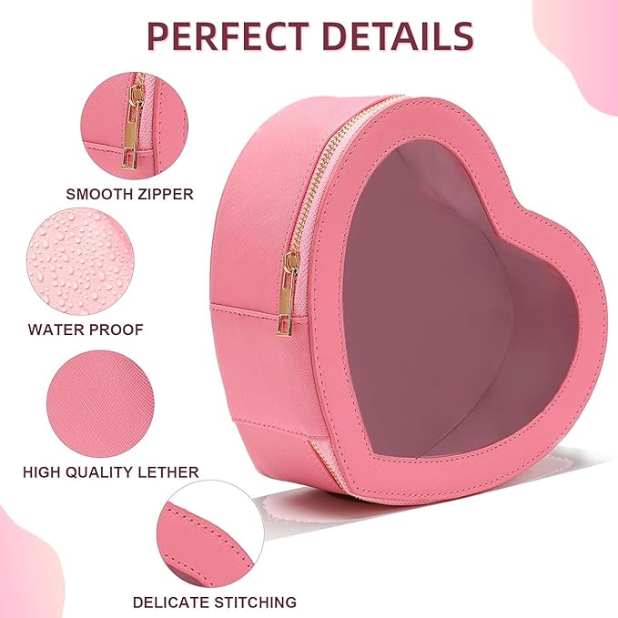 Pink Heart Makeup Bag-Heart Shaped Valentine Day Gift for Her,Pink Clear Top Open Cosmetic Organizer, Large Waterproof Travel Makeup Bag for Girls Women
