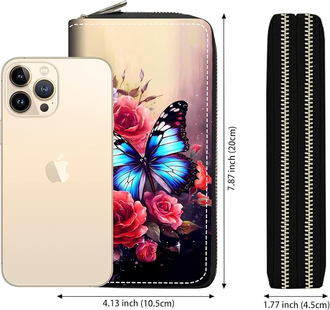 Women's Large Capacity Wallet PU Leather Double Zipper Clutch Purse Multifunctional Wallet with Removable Wristlet Strap for Smart Phone/Coin/Card/Cash, Flower Butterfly