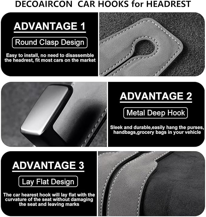 2 Pack Car Headrest Hooks - Premium Leather Seat Holder for Purses and Bags (Grey)