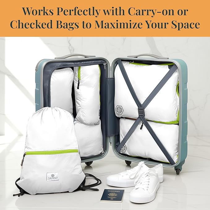 Extra Large Compression Packing Cube 6 Piece Set for Travel and Check Luggage by TRIPPED Travel Gear