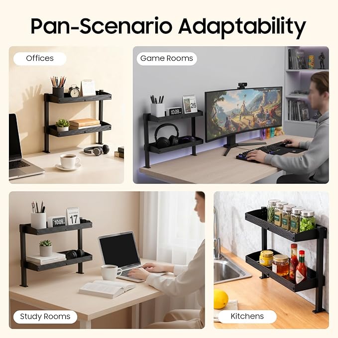2-Tier Clamp On Desk Shelf,Desktop Clamping Storage Rack,Above or Under Desk Organizer for Home Office,Black