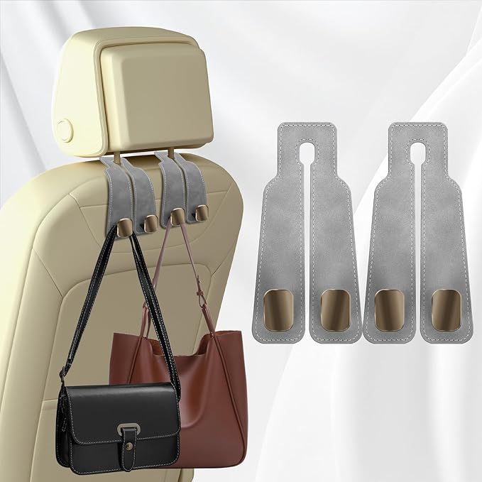 2 Pack Car Hooks for Headrest, Double Car Seat Headrest Hooks, Car Seat Back Storage Hook for Purses and Bags, Leather Purse Hook for Car, Car Bag Hooks Gray