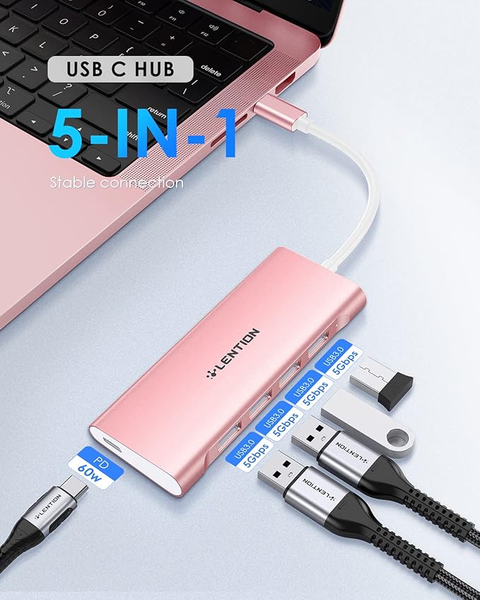 LENTION USB C Hub with 4 USB 3.0 & Type C Charging Compatible 2025-2016 MacBook Pro, 2025-2018 Mac Air, New Surface, Chromebook, More, Stable Driver Certified Type C Multiport Adapter (Rose Gold)