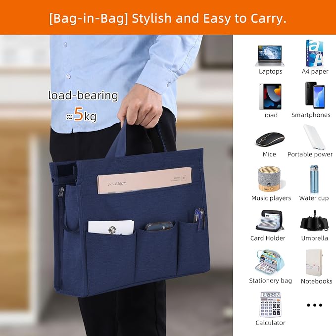 MASTLU Under Desk Hanging Storage Bag, Desk Organizer Storage, Office Side Storage Bag, Compatible with A4 Files, Detachable Handle Design, No Assembly Required, for Office Home School (Navy Blue)