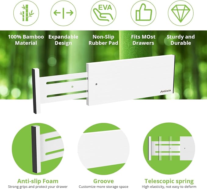 ANTOWIN 4 Pack Expandable Drawer Dividers, 4.7'' High, Extend from 12.2'' to 17.7'', Bamboo Dresser Drawer Organizers Separators for Kitchen, Bedroom, Office, Bathroom (White)