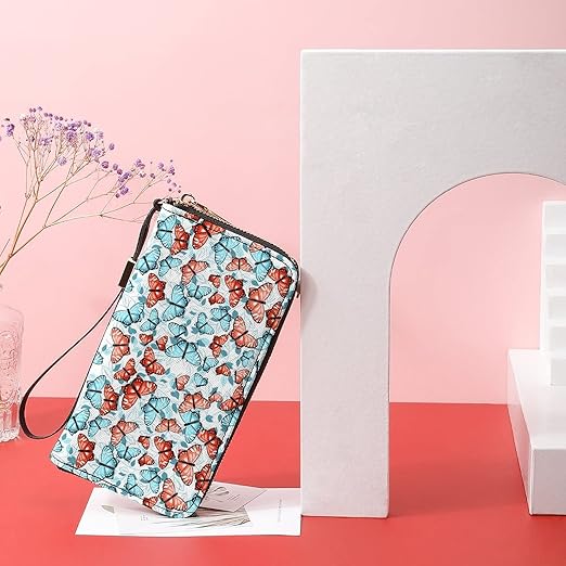 Clutch Wallet Holder for Women Men Beautiful Red Blue Butterfly And Leaves Portable Accordion Zipper Credit Card Storage Bag Waterproof Purse Leather Wallet for Travel Work Shopping