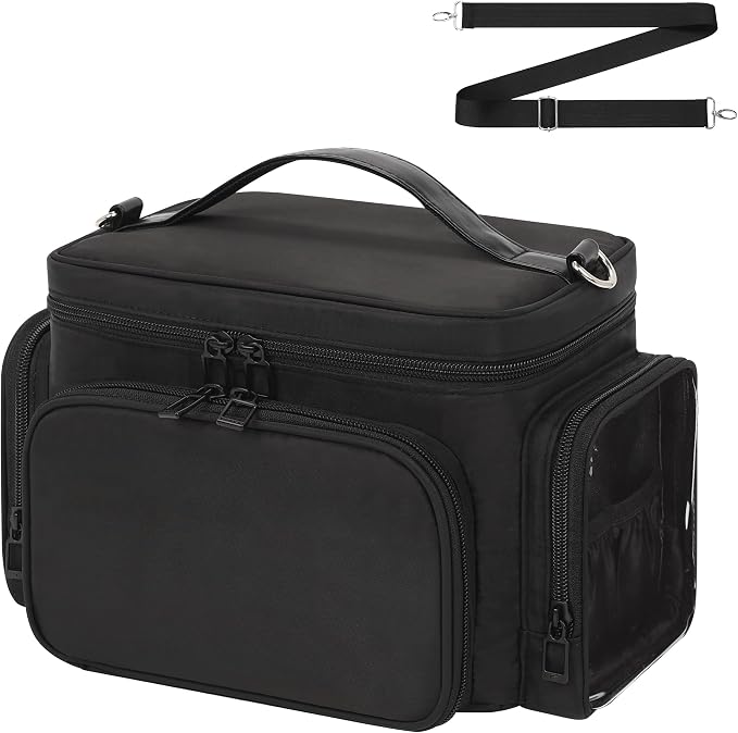 Bagmoly Makeup Bag, Portable Large Travel Makeup Bag Organizer for Women Girls with Makeup Brush Compartment, Cosmetic Travel Bag Vertical Storage Toiletry Bag - Black with Shoulder Strap