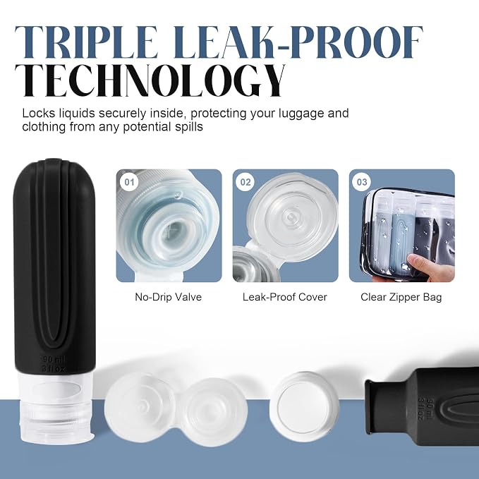Travel Bottles for Toiletries, 3oz TSA Approved Travel Size Toiletries, Silicone Leak-Proof Refillable Containers, Squeezable Liquid Essentials Bottles W/Clear Bag (GRAY)