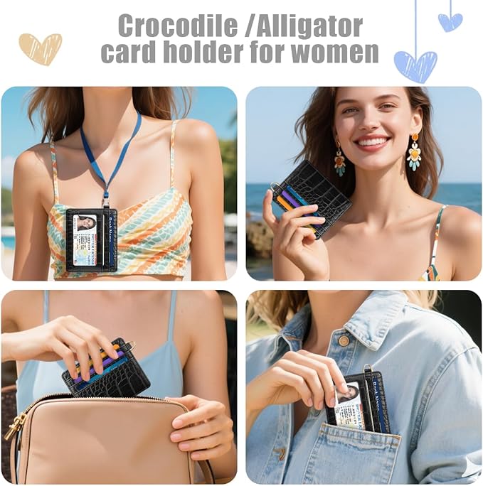 Slim Credit Card Holder Crocodile Wallet Women Thin Alligator Wallets RFID Blocking Minimalist Lightweight Small Cute Cards Holders with ID Window, Black