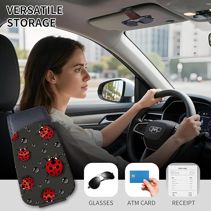 Sunglasses Holder for Car Visor, PU Leather Glasses Clip Organizer, Cute Magnetic Eyeglass Holder for Vehicle Sun Visor, Car Interior Accessory for Women & Men Rainy Ladybug Black