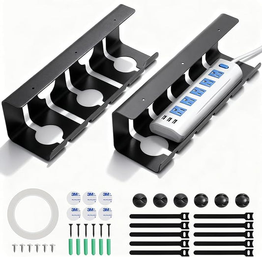 Under Desk Cable Management Tray, 16.5" L x 4.7" W x 4.3" H, 2 Pack Under Desk Cable Tray, Wire Organizer for Power Strip, Tape Mount or Screw Mount, Easy Install Cord Raceway for Desk & Home
