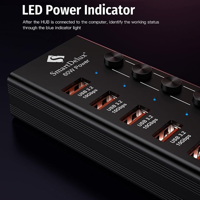 Powered USB 3.2 to Type-A, Type-C Hub, SmartDelux 10Gbps 10 Port Adapter, Individual LED Switches end High-Speed Data Transfer, Power Adapter 60W, USB Extension for Laptop, Flash Drive, PC and More