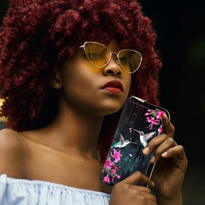 RFID-Blocking Zip Around Wallets for Women with Detachable Wrist Strap,Large Capacity Phone Holder with Card Organizer & Coin Pocket,Flower Hummingbird