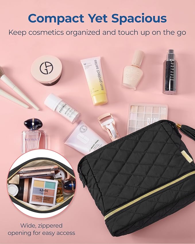 BAGSMART Makeup Bag Travel Cosmetic Bag,Puffy Make Up Bags for Women Double Layer Makeup Organizer Case,Wide-open Puffer Pouch for Purse Storage Travel Essentials Toiletries Accessories Brushes, Black