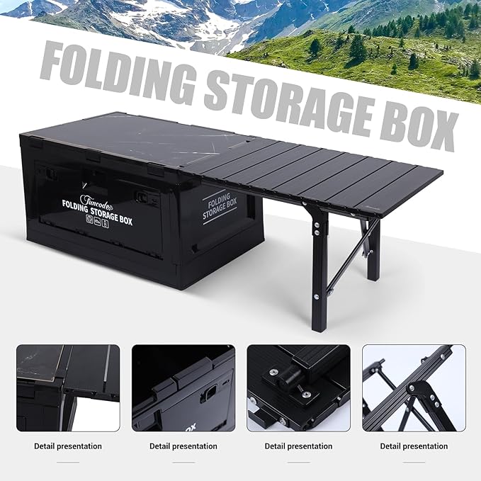 Nice C Folding Table, Storage Bin with Table, Collapsible Storage Box with Table, Organizing Containers Plastic with Wood Lid and 2 Side Doors, Stackable Organizer