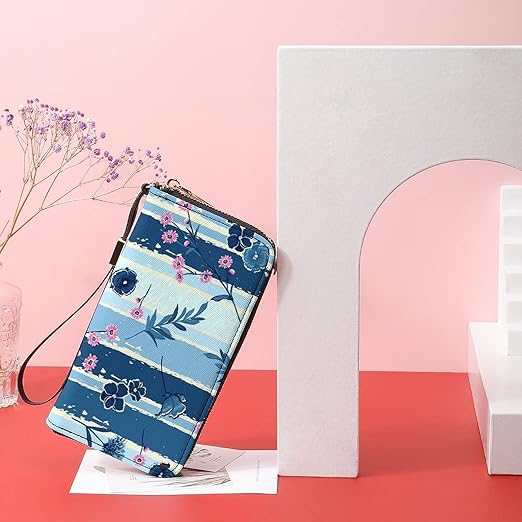 Clutch Wallet Holder for Women Men Wild Flowers Blue Brush Stripe Portable Accordion Zipper Credit Card Storage Bag Waterproof Purse Leather Wallet for Travel Work Shopping