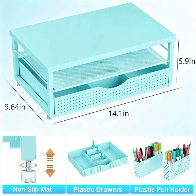 gianotter Desk Organizers and Accessories, Monitor Stand with Drawer and 2 Pen Holder, Desktop Organizer Suitable for Offices and Dormitories (Blue-Plain)