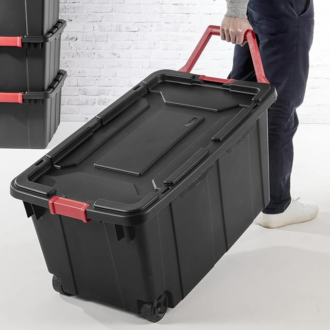 40 Gallon Plastic Storage Box, Wheeled Industrial Tote, Pack of 2