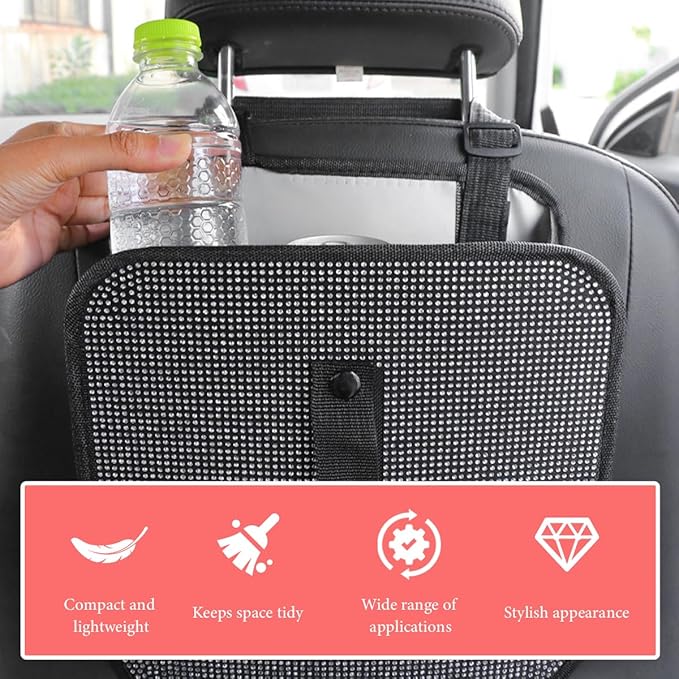Car Foldable Trash Can, Bling Rhinestone Oxford Garbage Container Hanging Waterproof Organizer, Mini Crystal Dustbin Waste Basket Leakproof Trash Bin for Car Office Kitchen (Light Pink)