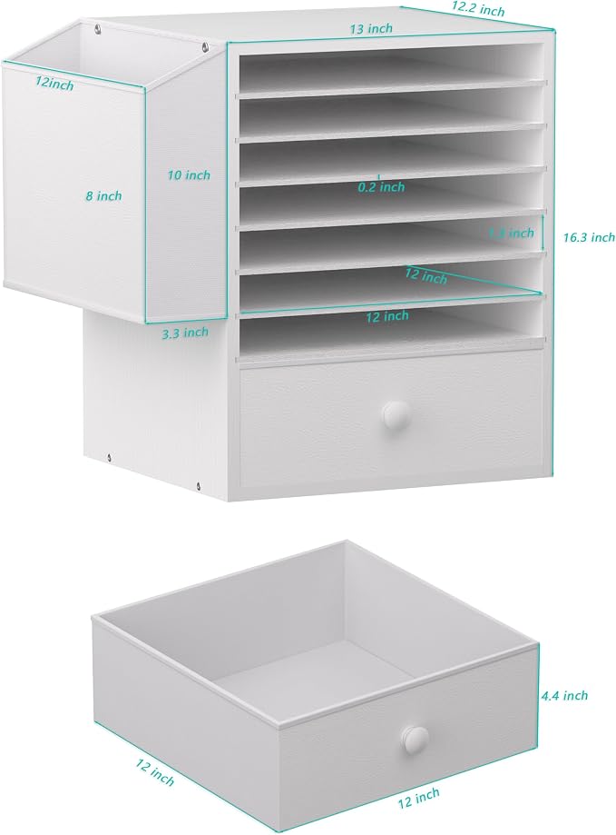 Unionly Wooden 12X12 Scrapbook Paper Organizer,7 Tier Adjustable Desktop File sorter with drawer,Craft&Stamp Cardstock Storage with Side Pocket&Name Slots for classroom,home offce，White