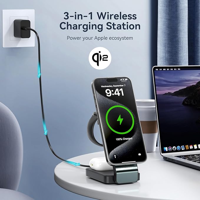 2026 3 in 1 Wireless Charging Station for Apple MagSafe Charger, Q2 15W Fast Magnetic Mag-Safe Charger Stand for iPhone 17 16 15 14 13 12 Apple Watch AirPods Series (30W USB-C Charger Included)