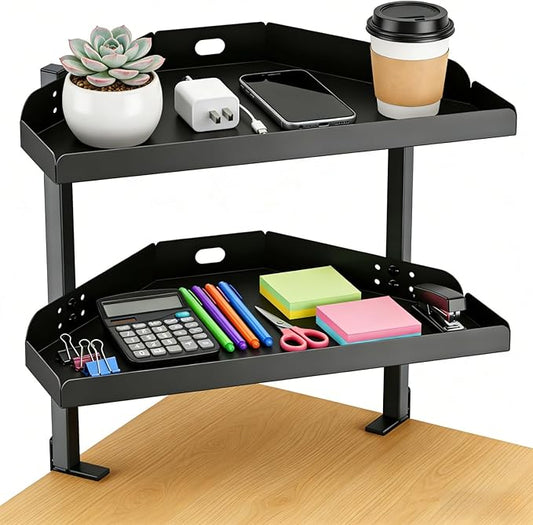 CanKing Clamp Desk Corner Shelf 2 Layer Clip On or Under Table Corner Organizer, Black, 16 inch