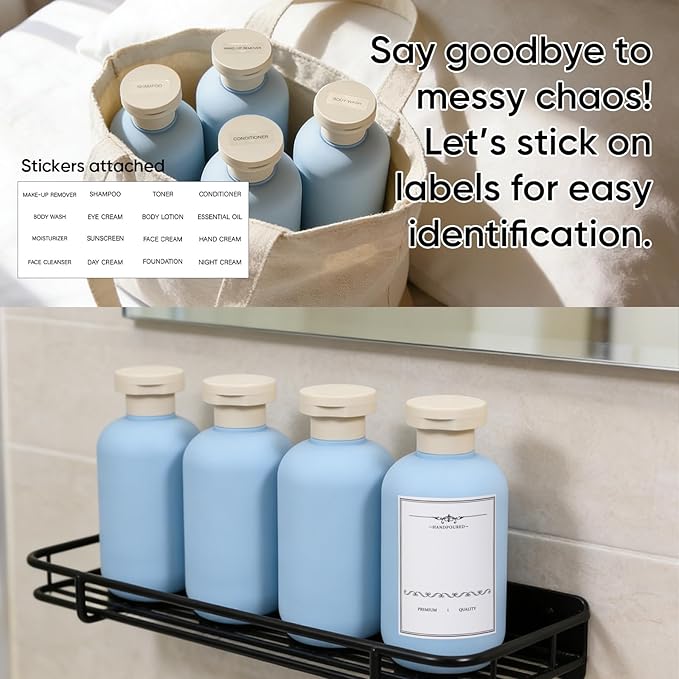 DEMORA 6.6oz Travel Bottles for Toiletries, Larger Plastic Travel Squeeze Bottles Leak Proof Refillable Toiletry Containers with Flip Caps and Labels for Shampoo Conditioner Lotion (Blue, 4 Pcs)