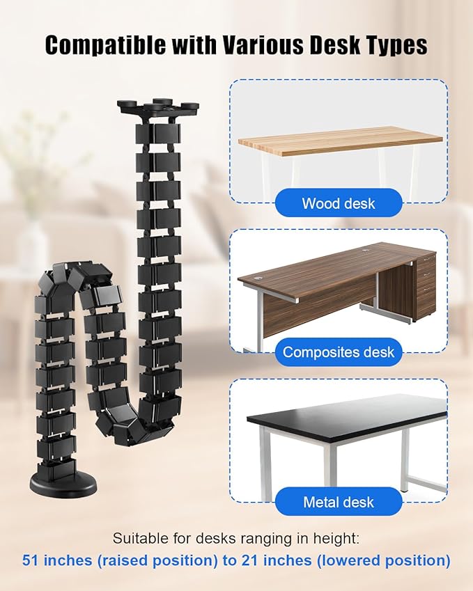 Under Desk Vertebrae Cable Management Fit for Sit Stand Desk, Chain Raceway Cable Management, Magnetic Flexible Wire Spine Adjustable Length, Black