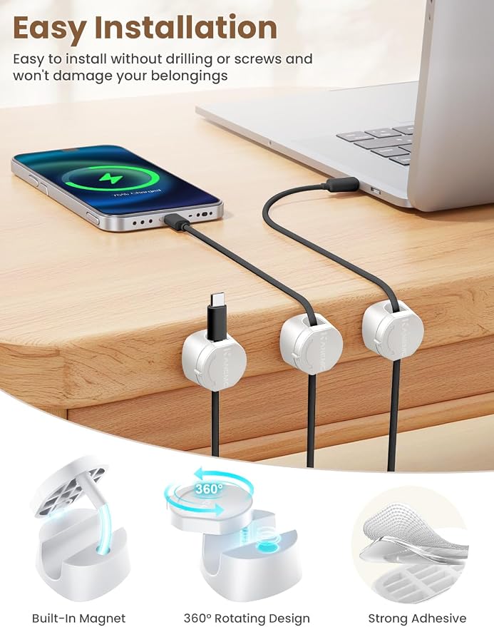 Kanemc Cable Clips Cord Holder for Desk, 360° Spin Magnetic Wire Organizer Self Adhesive Cord Management for Office Desks Cars Home Kitchen Electronic Accessory (White, 9 PCS)