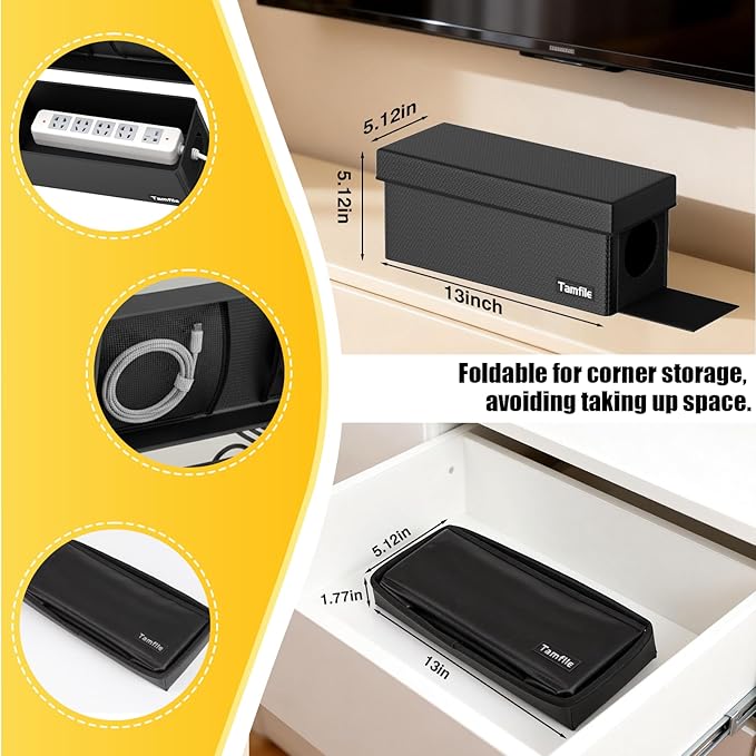 Tamfile Cable Management Box, Fireproof Foldable Cord Organizer and Cover, Heat Resistant Large Power Strip Organizer for TV Wires, Computer and USB Hub with Cable Clips & Reusable Cable Ties (Black)