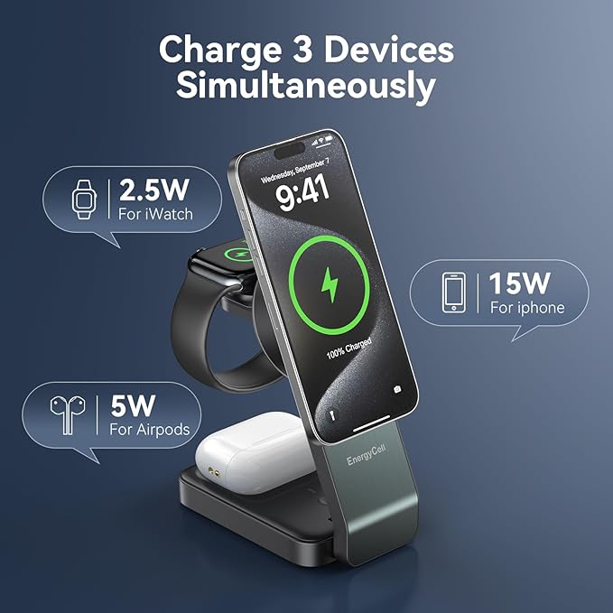 2026 3 in 1 Wireless Charging Station for Apple MagSafe Charger, Q2 15W Fast Magnetic Mag-Safe Charger Stand for iPhone 17 16 15 14 13 12 Apple Watch AirPods Series (30W USB-C Charger Included)