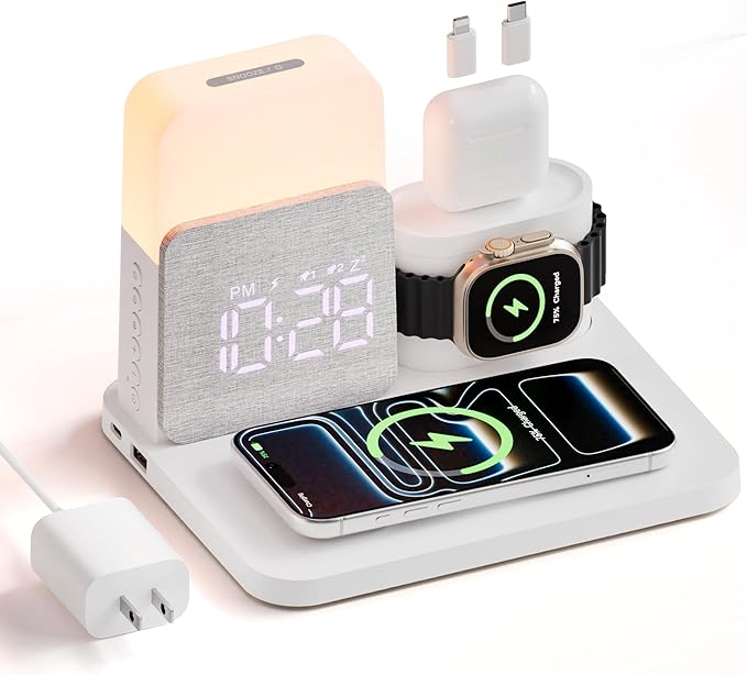 7 in 1 Wireless Charging Station, Magnetic 25W Fast Charger with Alarm Clock & Night Light, Bedside Charging Stand for iPhone 17 16 15 14 13 12 Pro Max, Apple Watch, AirPods, Bedroom