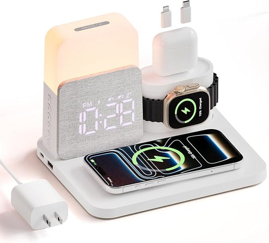 7 in 1 Wireless Charging Station, Magnetic 25W Fast Charger with Alarm Clock & Night Light, Bedside Charging Stand for iPhone 17 16 15 14 13 12 Pro Max, Apple Watch, AirPods, Bedroom