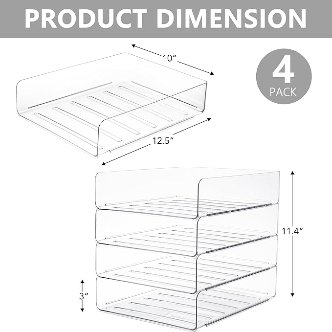Tiawudi Desk Organizer, Clear Office Organization and Storage, Plastic Letter Tray, Stackable File Organizer for Classroom, Home, Documents, Notes, Folders, Books and Pens, 4 Tier