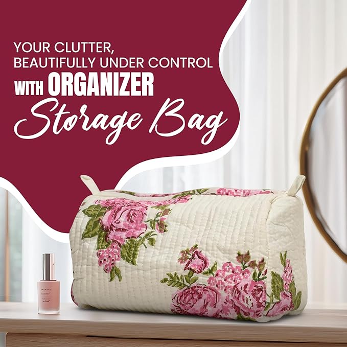 Cotton Hand Block Floral Print Toiletry Bag For Women Make Up Cosmetic Bag Jewelry Organizer Kit Storage Case Travel Accessories Essential Toiletries Purse Pouch (Cream - Set of 3, Small Medium Large)