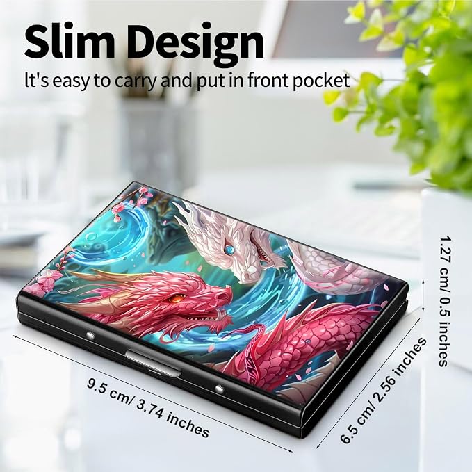 Metal Wallet, Credit Card Holder for Women Men Girls, RFID Blocking Aluminum Wallet Slim Hard Case, Mini Travel Wallet, ID Card Holder Business Card Case,Pink White Dragon