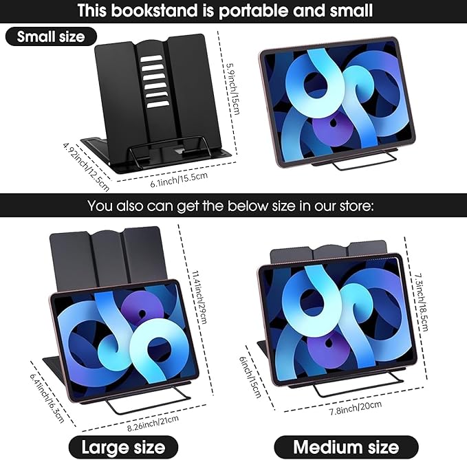 MSDADA Small Desk Book Stand Metal Reading Rest Book Holder Adjustable Cookbook Documents Holder Portable Sturdy Bookstands for Recipes Textbooks Tablet Music Books(Black)
