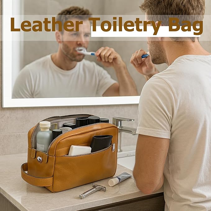 MIRASON Toiletry Bag for Men Leather Travel Toiletry Bag Dopp Kit with Metal Zippers, Water-Resistant Bathroom Bag for Travel Essentials Shaving Bag Gifts for Men, Brown