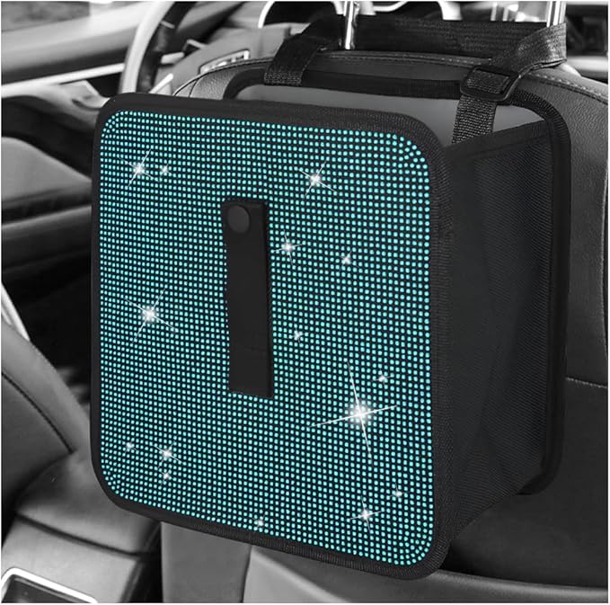 Car Foldable Trash Can, Bling Rhinestone Oxford Garbage Container Hanging Waterproof Organizer, Mini Crystal Dustbin Waste Basket Leakproof Trash Bin for Car Office Kitchen (Lake Blue)