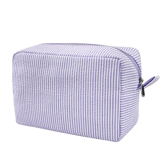 GFU Cosmetic Bags for Women, Seersucker Cosmetic Bag, Travel Toiletry Stripe Makeup Bag, Large Women Aesthetic Organizer Storage Pouch, Girls Handbags Purses,Purple