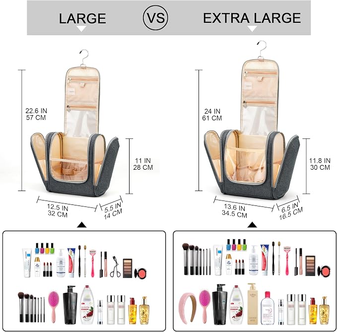 COOSKY Hanging Toiletry Bag for Women & Men, Cruise Ship Travel Essentials, Holds Full Size Shampoo, with Dry and Wet Separation Cosmetic Bag, Makeup Organizer Bag, Bathroom Water-resistant Bag, Grey