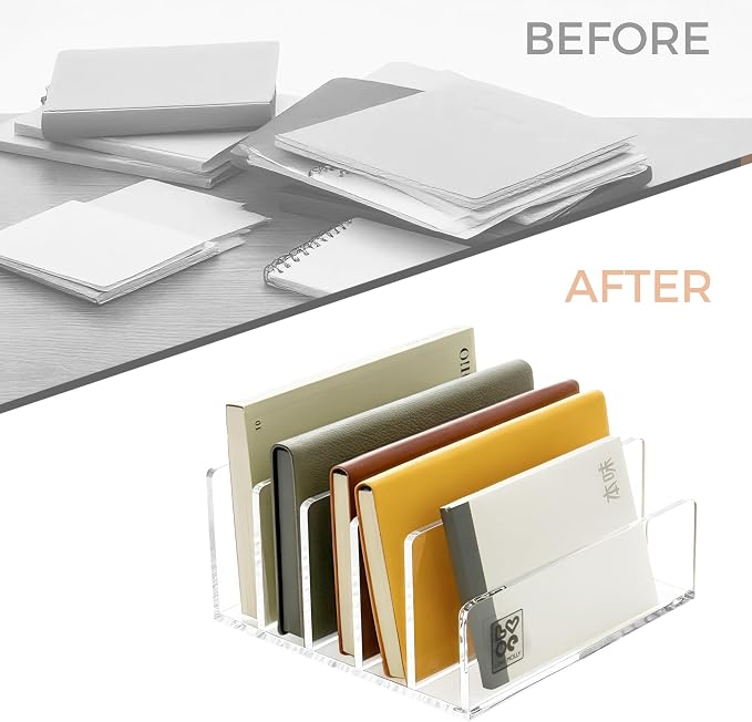 Lovemolly 5-Slot Clear Acrylic Mail Holder – Vertical Letter Sorter & Desk Organizer for Bills, Envelopes & Notebooks, Compact 6.88 x 6.69 x 3.93 in