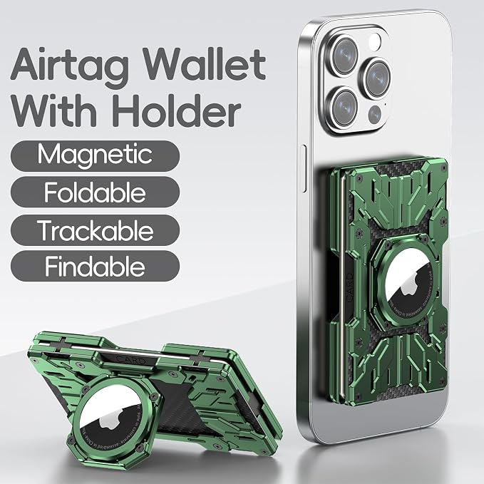 Minimalist Mens Wallet RFID Blocking - Slim Metal Wallet With Airtag Holder - Compact Credit Card Holder Mini Size, Metal, Carbon Fiber (Army Green)